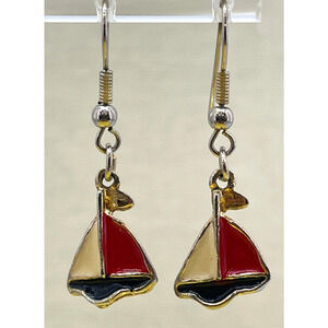 Enamel Sailboat Earrings Pierced Dangle Drop Gold Tone Collectible Jewelry